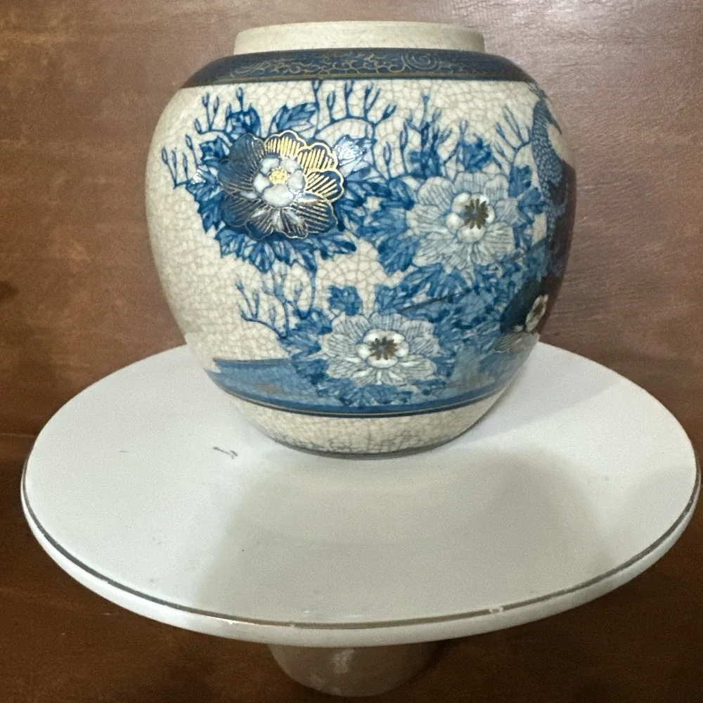 Vintage Kutani Ginger Jar Floral with Peacock No Lid 5